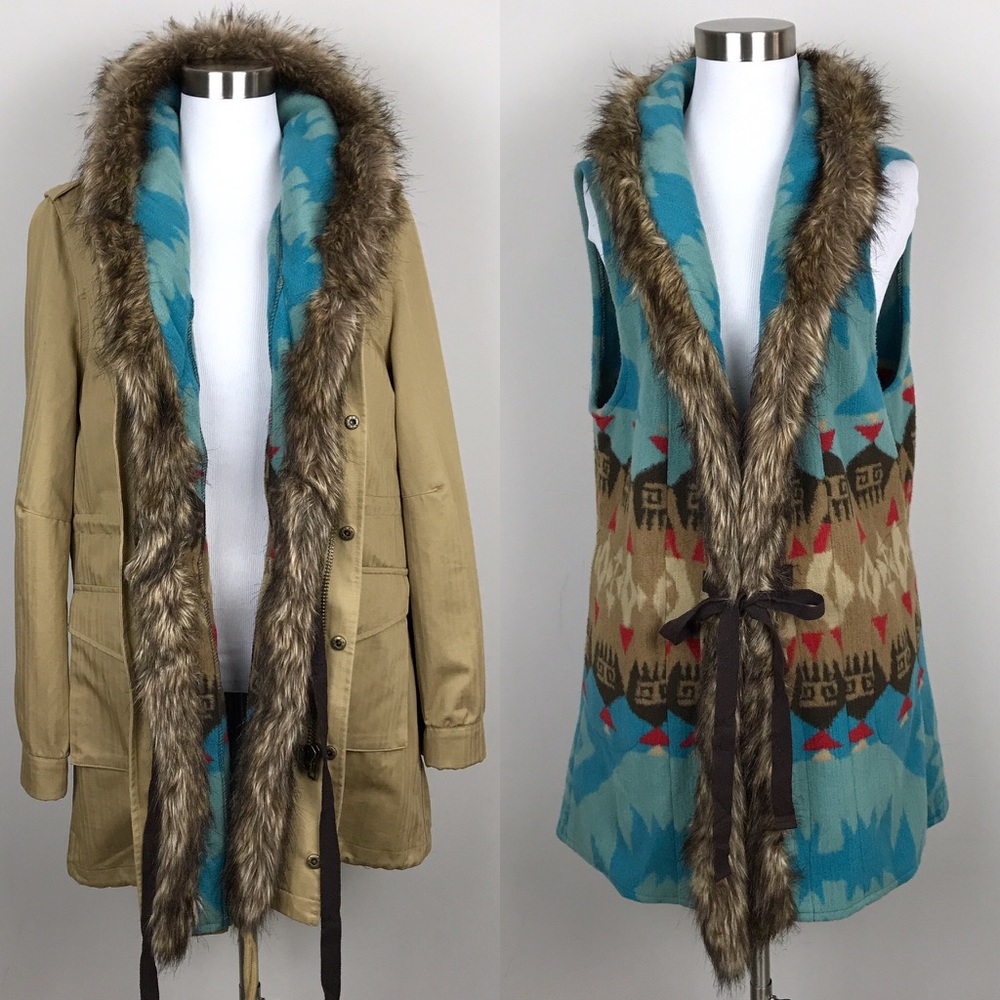 Tasha Polizzi Tan Parka with Turquoise Aztec Faux-Fur Trim